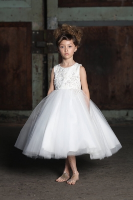 SALE -White Petite Adele Little Girls Ivory Jacquard Tulle Luna Flower Girl Dress